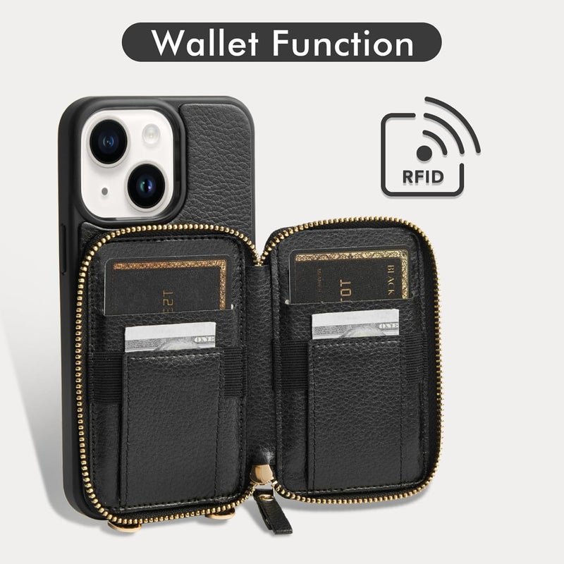 ZVE for iPhone 15 Wallet Case, Card Holder Crossbody Phone Purse for Women, Zipper Leather RFID Blocking Carrying Cover with Wrist Strap for iPhone 15 (6.1 inch)- Black - Image 2